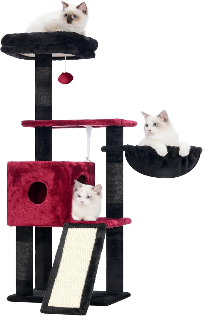 Hey-brother Gothic Cat Tree, 42.5-Inches Cat Tower for Indoor Cats, Plush Multi-Level Kitten Cat Condo with Scratching Post,Ramp, Basket, Spacious Cat Cave, Hanging Ball, Black and Red MPJ007SBR