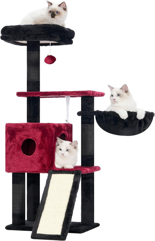 Hey-brother Gothic Cat Tree, 42.5-Inches Cat Tower for Indoor Cats, Plush Multi-Level Kitten Cat Condo with Scratching Post,Ramp, Basket, Spacious Cat Cave, Hanging Ball, Black and Red MPJ007SBR