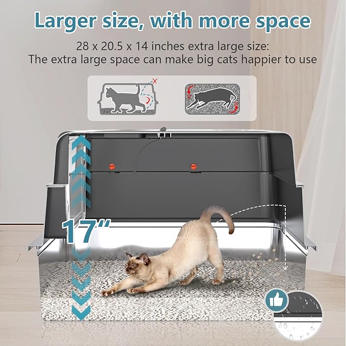 XXXL Extra Large Stainless Steel Litter Box with Lid, 28" L x 20.5" W x 17" H Covered Stainless Steel Litter Box, Suitable for Large Cats and Multiple Cats, Non-Sticky, Anti-Leakage, Easy to Clean