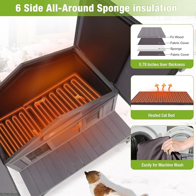 GUTINNEEN Heated Outdoor Cat House Weatherproof Large Cat Shelter with 100% Insulated Liner for Multiple Cats, Cat Houses for Indoor Cats（Grey）