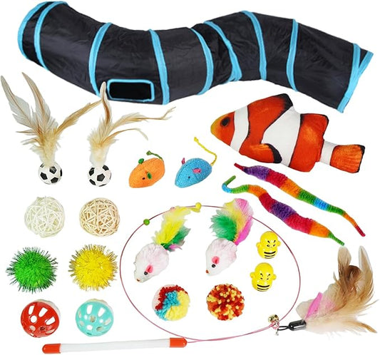 21-Piece Cat Toys Set, Interactive Tunnel, Balls, Mice, Feather Wands, Catnip Toys(Black Tunnel)