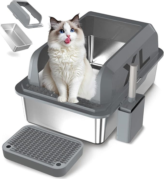 Stainless Steel Cat Litter Box with Lid Extra Large Metal Pan Tray with Enclosed High Sides for Big Cats Multi-Cat, XL Non-Stick Anti-Leakage Easy Cleaning Includes Scoop(Dark Grey)