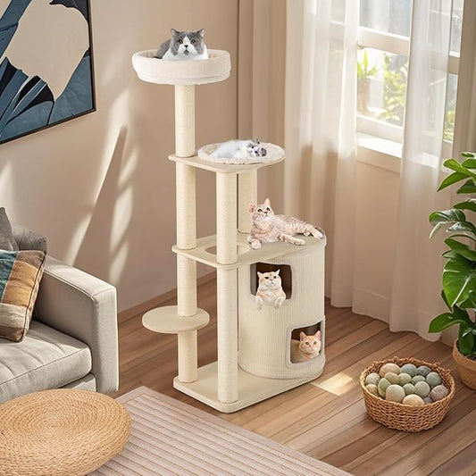 Tangkula Cat Tree Tower, 60 Inch Multi-Level Modern Wooden Cat Tower with 2-Story Condo, Sisal Scratching Posts & Mat, Perch, Hammock, Washable Plush Cushion for Indoor Cats Large Adult