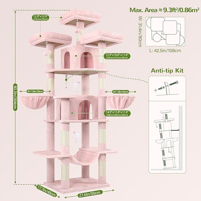 Globlazer Big Pink Cat Tower for Indoor Cats, 80inch Cat Tower for Multiple Adult Cats XXL Cat Tree with Scratching Post, Hammock, 3 Perches, 2 Condos, 2 Hanging Basket, F80, Pink