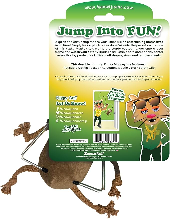 Meowijuana Jump 'n' Jamb Door Hanging Cat Toy | Funky Monkey | Refillable Interactive Catnip Toy | Promotes Play and Cat Health | Includes Potent Catnip Grown in North America