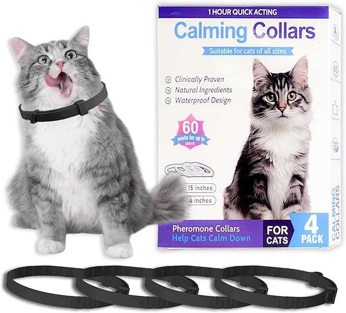 Simnice Calming Collar for Cats - 4 Pack, Adjustable Calming Collar for Cats - Pheromone Cat Collars for Anxiety & Stress Relief, Water-Resistant & Long-Lasting Effect (Black)