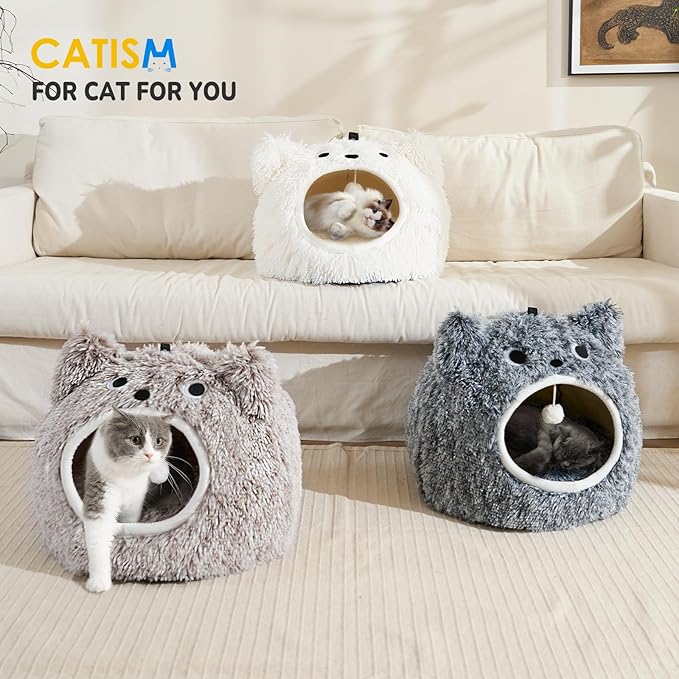 CATISM Cat Bed - Cat Beds for Indoor Cats, Soft Plush Cats Cave, Washable Cave with Toy Balls for Kitty and Small Animals