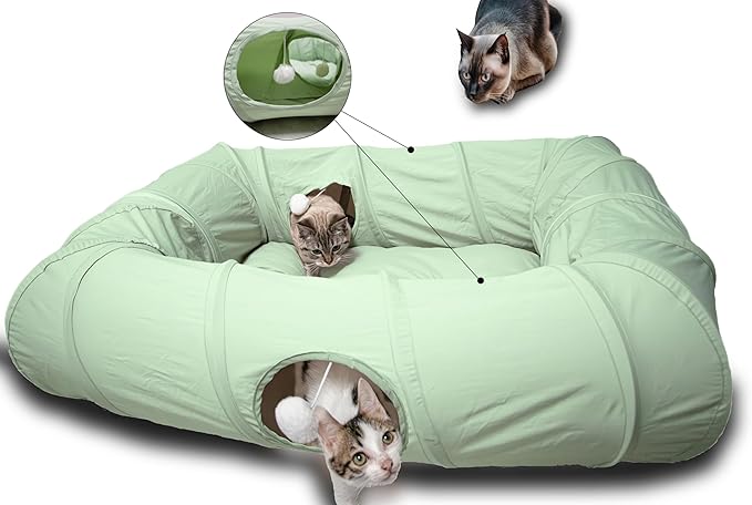 XxingSheep 4 Ways Shuttled XL Cat Tunnel Bed for Indoor Cats Peekaboo Cat Cave Donut with Cool Mat (Green)
