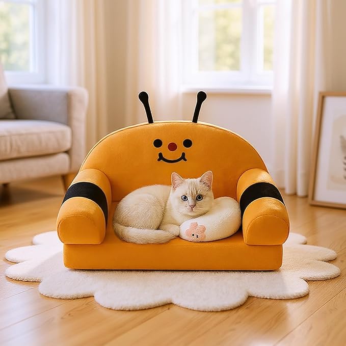 Cute Cat Couch with Soft Pillow, Supportive Dog Couch, Cat Sofa with Removable Cover，Cute Bee Shaped, 24 Inch