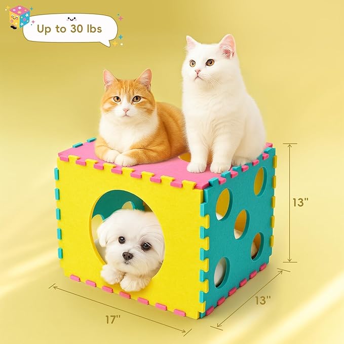 Cat Houses for Indoor Cats, Cute Cat Bed Cave with Soft Pillow, Cat Cube for Multiple Large Cats, Fun Dice Shaped, 17 Inches