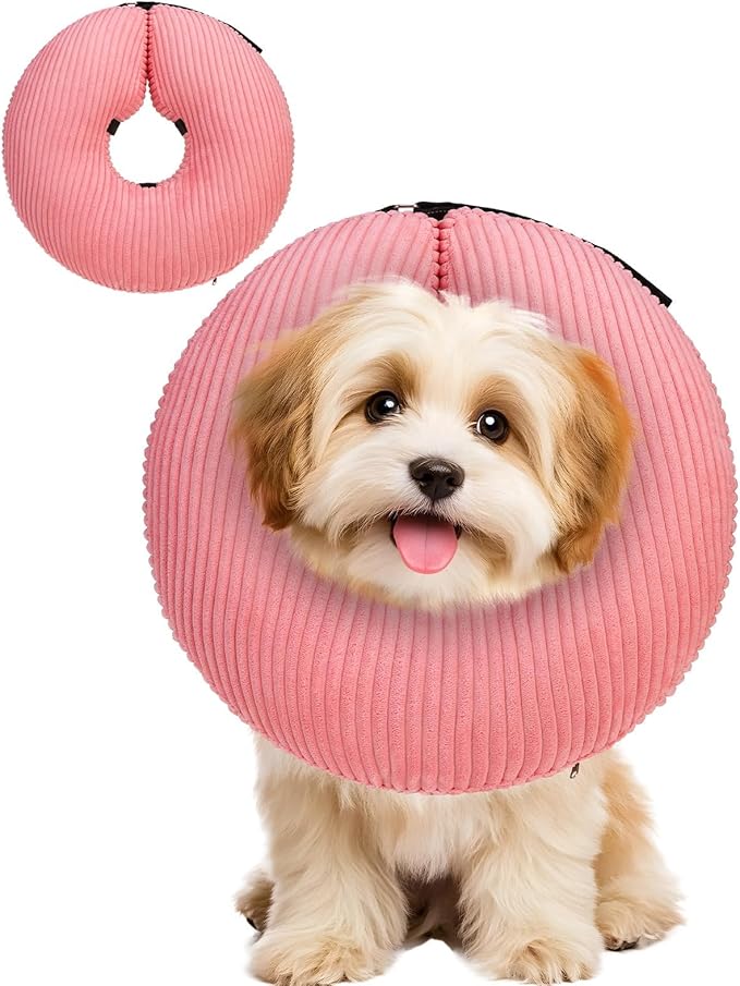 BINGPET Inflatable Dog Cone Collar Alternative After Surgery,Soft Recovery Cone for Dogs to Stop Licking,Protective Neck Donut E Collar Adjustable for Small Medium Large Dogs & Cats(Pink,S)