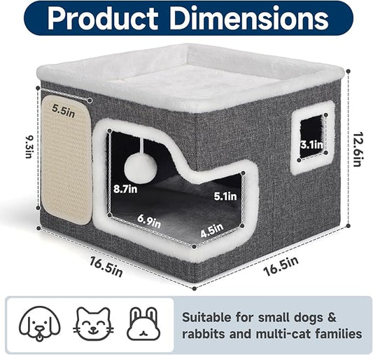 Cat Beds for Indoor Cats, Large Cat Cave with Cozy Hideout, Scratch Pad, Fluffy Ball Hanging, Foldable Cat Hideaway Hold Up to 30LBS, Indoor Cat House with Reversible Soft Cushions for All Seasons