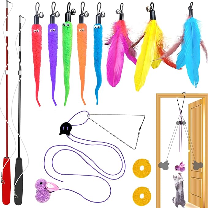 ZPH Cat Toys Interactive for Indoor Cats,2PCS Retractable Cat Wand,9PCS Teaser Toys&1PCS Hanging Door Lure Kitten Toy,Interactive Feather Toy for Teaser Play and Chase Exercise with Kitten