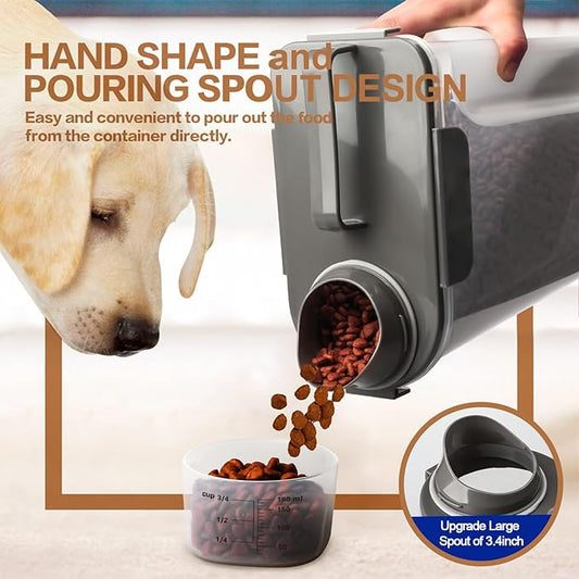 Dog Food Storage Container, 5-7 Lbs Airtight Pet Food Container, Cat Food Container Dispenser Plastic Bin with Pouring Spout, Portable Handle and a Collapsible bowl for Dogs Cats Grey/6Qt