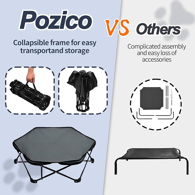 Pozico Small Elevated Dog Bed – 26" Foldable Pet Cot with Carry Handle, Raised Dog Bed with Sturdy Frame & Plush Cushion, Portable & Durable for Small Breeds, Indoor/Outdoor Camping & Travel