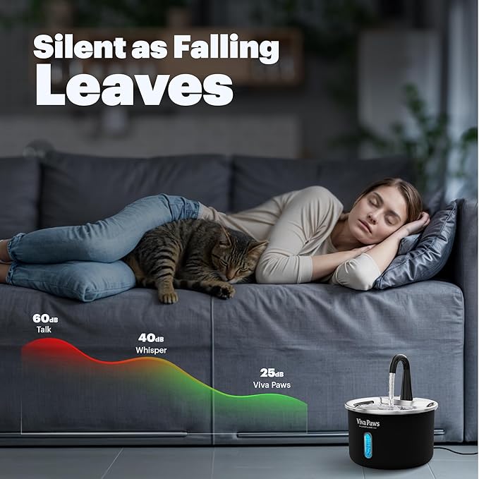 Cat Water Fountain Stainless Steel, Viva Paws 2.2L Automatic Drinking Fountain for Cats, Ultra Quiet Pet Fountain with 4 Stage Filtration System, Easy to Clean Indoor Cat Supplies