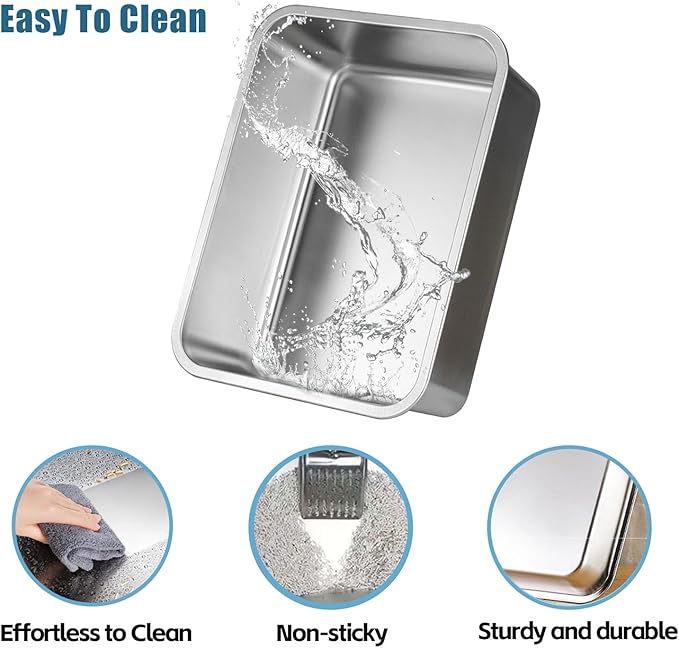 Stainless Steel Cat Litter Box - Medium to Large Indoor Metal Litter Pan Tray, High Sided, Easy to Clean No Stick Rustproof Odorless Pet Toilet for Cats Kitty Rabbit (Silver, 17.7" x13.8" x6")