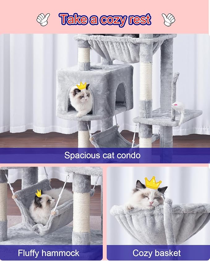 Cat Tree, Cat Tower for Large Cats with 2 Big Platforms, 2 Baskets, condo and Toys, 63" Cat Scratching Posts for Indoor Cats, Light Gray GCT020W