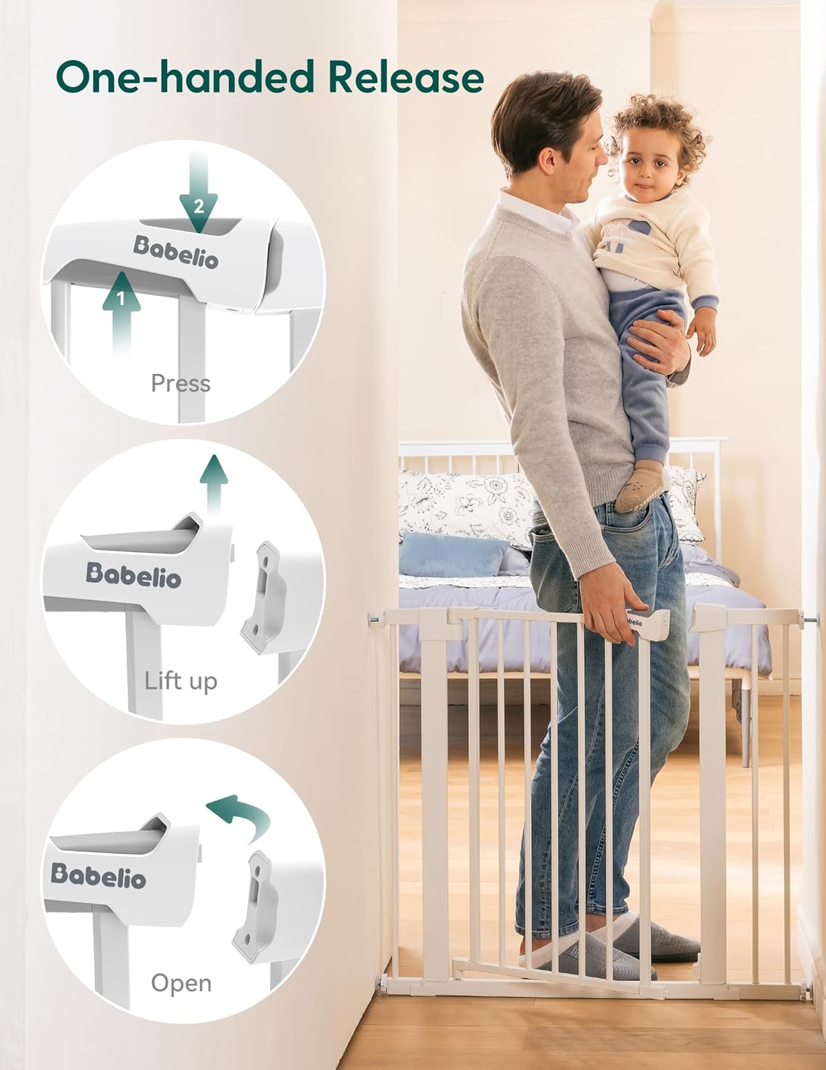 BABELIO 36" Tall Baby Gate, 29-48" Auto Close Pressure Mounted Dog Gate for Stairs, Doorways & Hallway, Protector Basics Easy Walk Thru Pet Gate, Metal Child Gate with 2*Y Spindle Rods, White