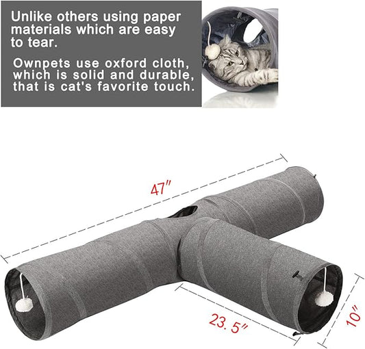 Ownpets Cat Tunnel, 3 Way Collapsible Kitty Tunnel 47 inch Long Cat Tube with Plush Ball & Feather Toy, Cat Play Tunnel for Indoor Cat, Kitten, Rabbit