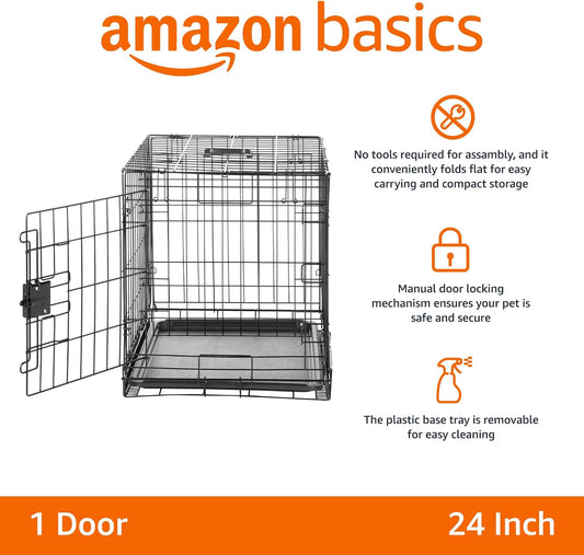Amazon Basics Durable, Foldable Metal Wire Small Dog Crate with Tray, Single Door, 24 x 18 x 20 in, Black