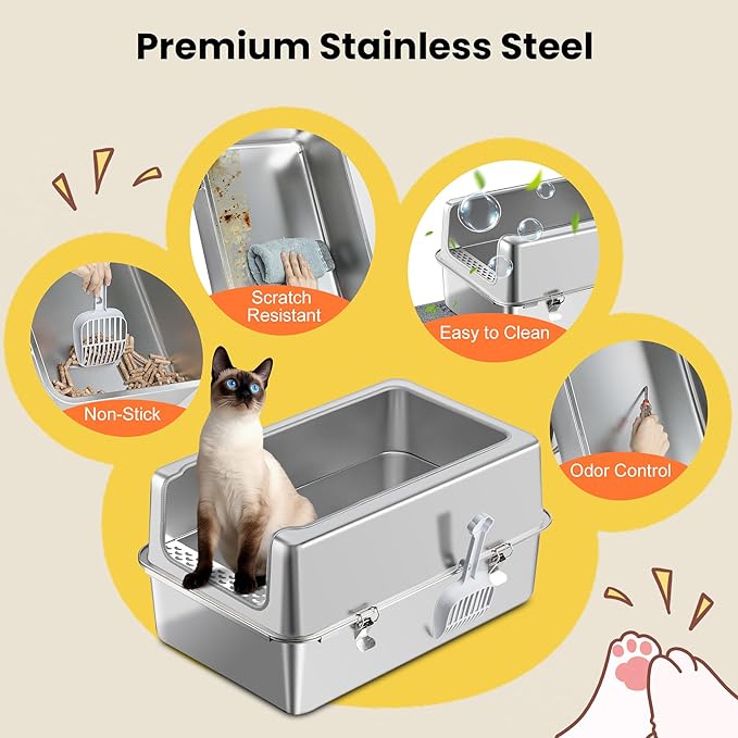 Stainless Steel Litter Box with Metal Lid and Scoop - Enclosed Metal Litter Box for Large Cats, Rust-Resistant, Odor-Control, Easy to Clean, Durable & Long-Lasting with Round Edge (XXL)