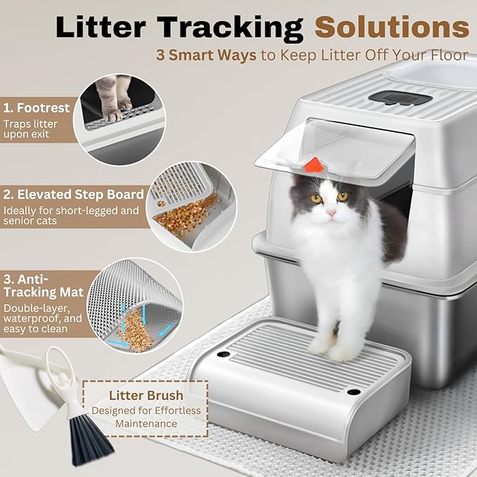XXL Stainless Steel Sifting Litter Box with Lid, Fully Enclosed 8" Deep Metal Cat Litter Box, Leak-Proof, for Pine Pellets or Clumping Litter, for Large & Multi-Cats, with Litter Mat & Scooper & Brush