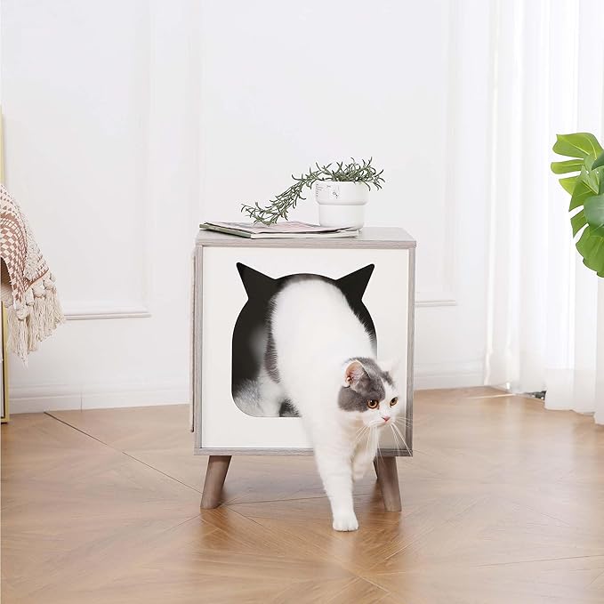 Cat House Wooden Cat Condo Cube Shaped,Modern Cat Bed Side Table & Nightstand,Cat Shelter Furniture with Cushion Cat Scratch Pad,Grey