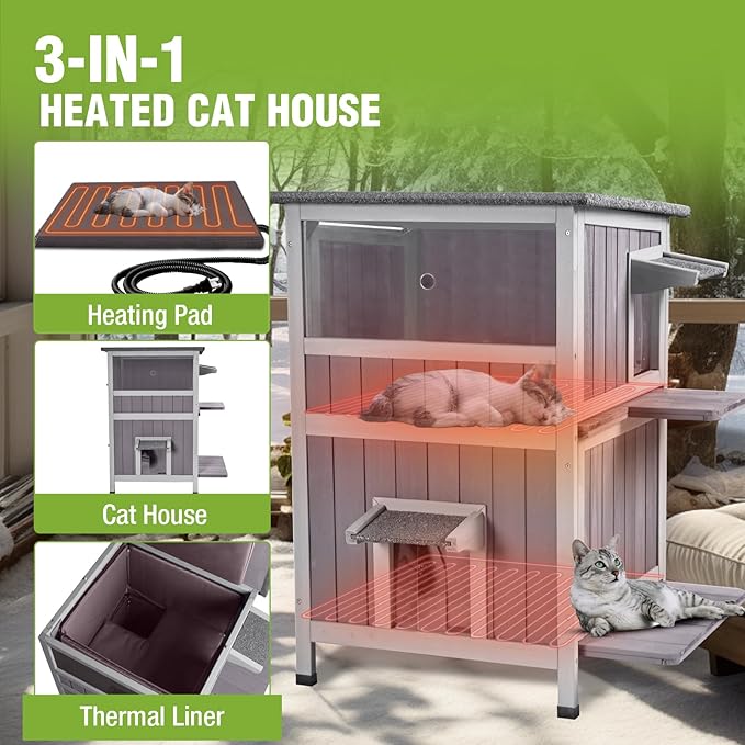 GUTINNEEN 2-Story Heated Cat House Large Outdoor Insulated Cat House Weatherproof Feral Cat Shelter with Heated Pad, Insulated All-Round Thermal Liner for 1-4 Cats (Winter-Ready)