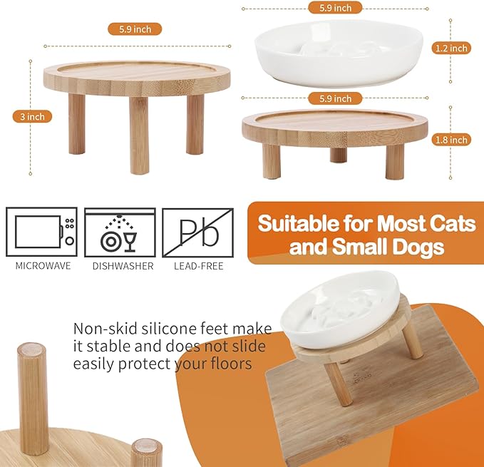 Raised Slow Feeder Cat Bowl, 5.9 Inch Wide Shallow Ceramic Elevated Glass Food Bowl Puzzle Feeders, Anti Vomit Cat Dish, Whisker Friendly Pet Plates Feeding Station for Indoor Cats, Kitten(2 Set)