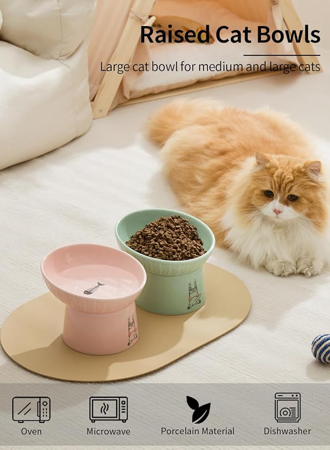 OMAYKEY Extra Wide Raised Cat Bowls, 6.5 Inch Wide Ceramic Tilted Elevated Cat Bowl, Prevent Neck & Whisker Fatigue, Anti Vomit for Cats Puppies, Dishwasher and Microwave Safe, 2 Pack