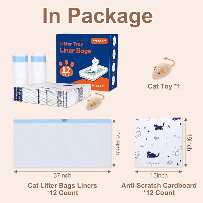 12 Pack Litter Box Liners Compatible with Safe Pets Scoopfree Cat Litter Box Tray Refill, Large Cat Waste Poop Bags with Tear-resistant Cardboard and Drawstring -37" x 16"(Cardboard Included)