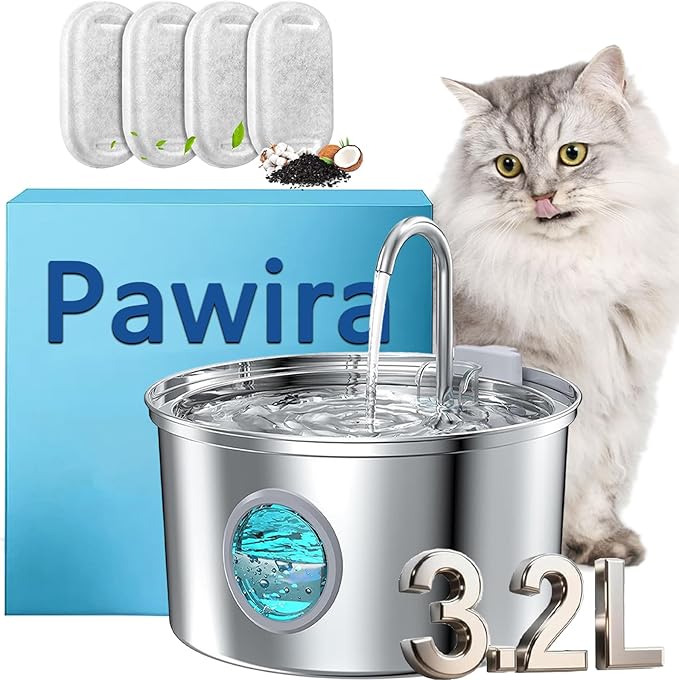 Pawira Water Fountain for Cats, 2025 Upgraded 3.2L/7L Stainless Steel Cats & Dogs Water Fountain with Filter Sets, Multi-Filtration, Whisper Quiet, Easy to Clean (3.2L/112oz, Type A + 4 Filter)