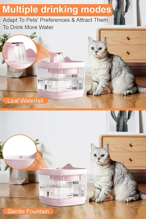 Cat Water Fountain - Quiet Pet Lndoor Water Bowl Dispenser 54oz/1.6L with Replacement Multi-Filtration(2 pcs Filters) Detachable Design Easy Cleaning - Fresh and Clean Water for Pets (Pink)