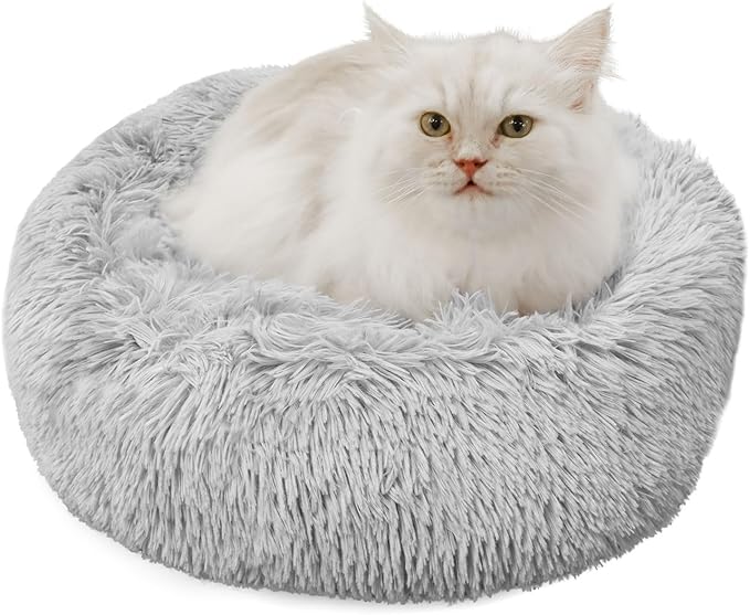 Dog Beds for Small Dogs Round Cat Beds for Indoor Cats Pet Bed for Puppy and Kitten with Slip-Resistant Bottom Plush Donut Cat Bed, Light Grey