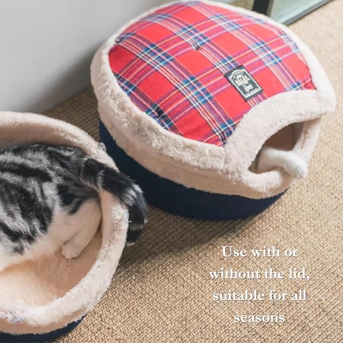 Cat Cave Bed – Plush, Warm & Calming Hideaway with Detachable Lid & Mat, Covered House for Indoor Kitten & Kitty (Snow)