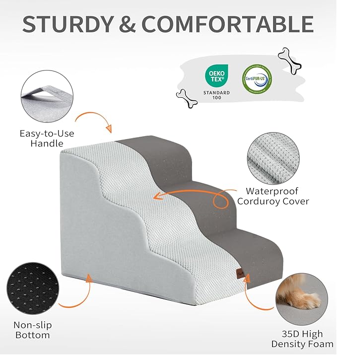 Made4Pets Dog Stairs Ramp for Bed, 4-Step Dog Steps for High Bed Couch Sofa Climbing, 35D Foam Pet Steps for Small Dogs and Cats, Non-Slip Bottom Pet Stairs, Light Grey