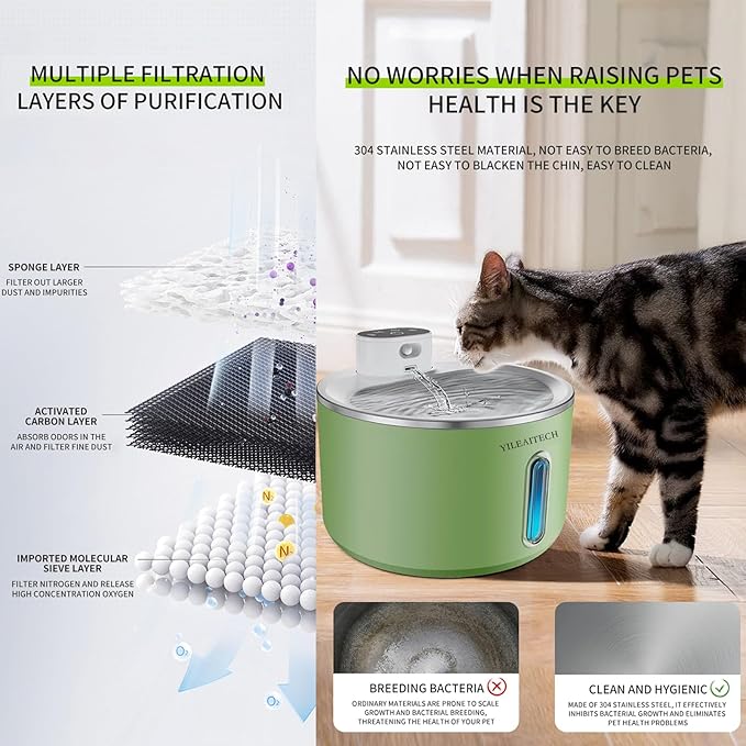 Wireless Cat Water Fountain Stainless Steel, 135oz/4L Cat Fountain, Battery Operated, Cordless Pet Water Fountain for Cats & Dogs with Motion Sensor, Ultra Quiet Pump, 12 Filters (Green, 4L)