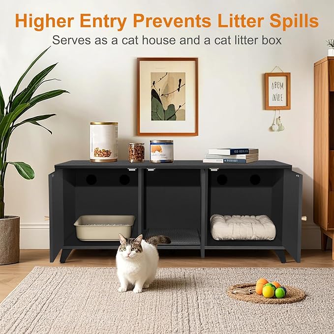 Cat Litter Box Enclosure for 2 Cats, Modern Hidden Litter Box Furniture with Double Room, Large Cat House Washroom Cabinet with Scratche Pad, 46.5" x 19.7" x 19.7" (Black)