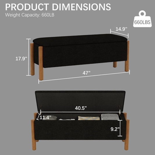 Modern Storage Benches with Walnut Wood Legs, 47'' Ottoman Bench with 20 Gallons Storage Space for Bedroom End of Bed, Fabric Upholstered Entryway Bench with Seating for Livingroom, Black