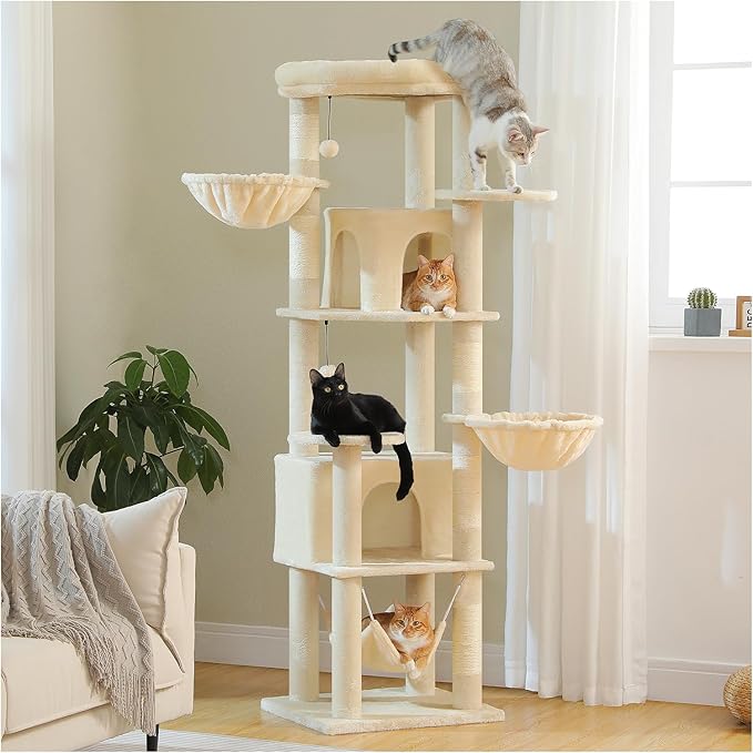 PAWZ Road Tall Cat Tower, 70 Inch Cat Tree with Hammock, 5 Scratching Posts, 2 Condos and a Large Top Perches for Large Cats-Beige