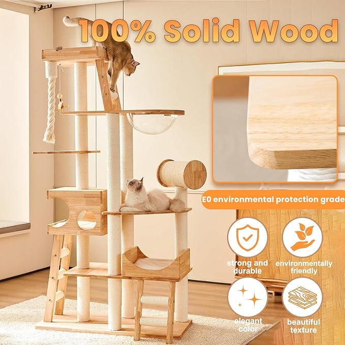 Heavy Duty Cat Trees for Large Cats,Sturdy 74.8'' Tall Maine Coon Cat Tower with Transparent Bowl,Ladder,Luxury Cat Condo with Scratching Posts,Bed with Removable Mat for Multi-Cat Families