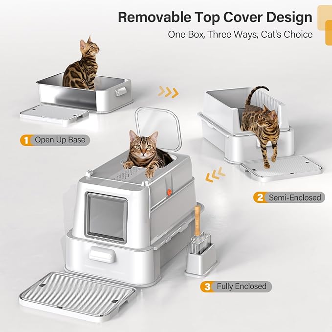 Enclosed Stainless Steel Cat Litter Box with Lid，XL Large Metal Cat Box with Drawer for Big Cats,Top Exit Kitty Litter Box Includes Scoop, Filter Pedal,Odor Control, Easy Cleaning