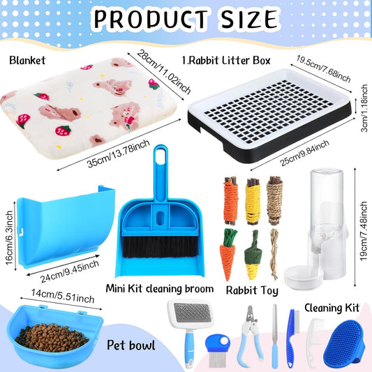 19 Pcs Rabbit Starter Kit Small Bunny Litter Box Rabbit Grooming Kit Water Bottle Bunny Toys Hay Feeder Bowl Blankets with Cleaning Set for Guinea Pig Accessories(Black,Cloud)
