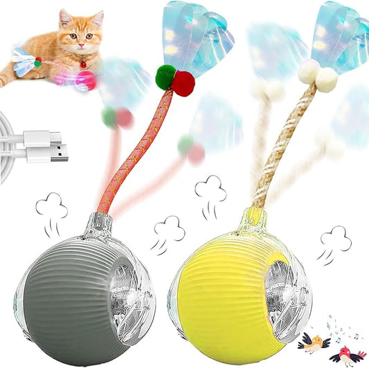 2 Pcs Interactive Cat Toys for Indoor Cats, Automatic Cat & Dog Toy with Elastic Mesh Tail, Electric Rolling Ball on Carpet, Chirping and Motion Activate Cat