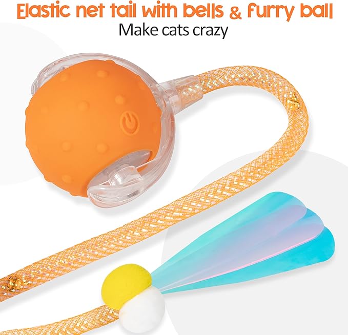 Interactive Cat Toys Ball for Indoor Cats, Automatic Moving Ball Toy with Elastic Mesh Tail, Chirping & Obstacle Avoidance and Motion Activated, Orange【Rechargeable】