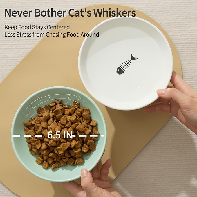 OMAYKEY 6.5 Inch Extra Wide Raised Cat Bowls, Ceramic Elevated Cat Bowl for Food and Water, Wide Shallow Cat Food Dish, Whisker Fatigue, Protect Spine, Lead & Cadmium Free, White & Green