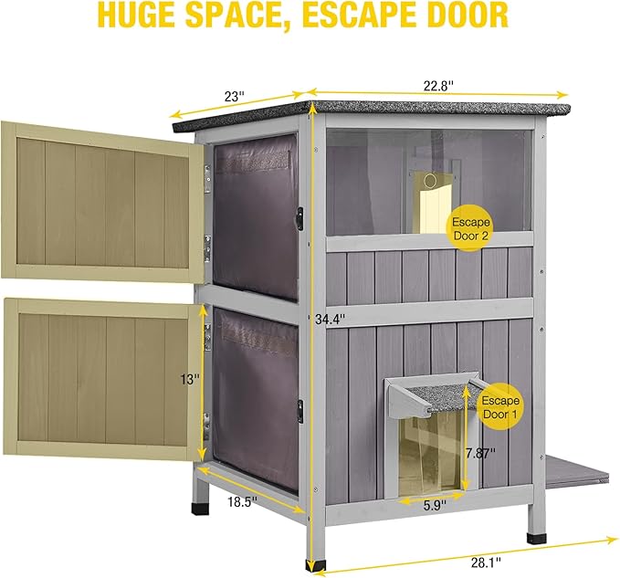 Aivituvin Outdoor Cat House，2-Levels Feral Cat Shelter Insulated for Winter，Large Size Cat Enclosure for Multiple Cats