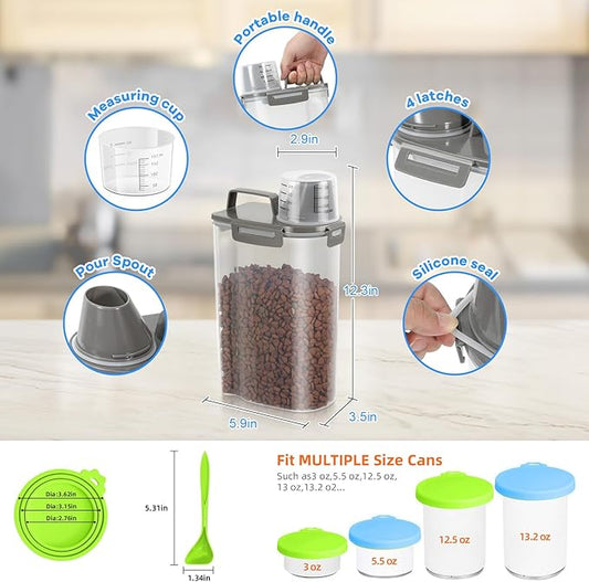 TBMax Small Dog Food Storage Container 3 Qt with Cat Food Can Cover and Mixing Spoon, Portable Travel Pet Food Dispenser with Large Spout and Cup
