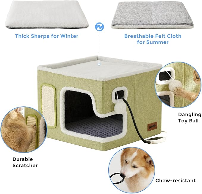 Heated Cat House for Indoor Cats - Cat Warming Bed for Winter with Fluffy Ball Hanging and Adjustable Heating Pad, Foldable Cat Hideaway,16.5x16.5x13 inches, Green